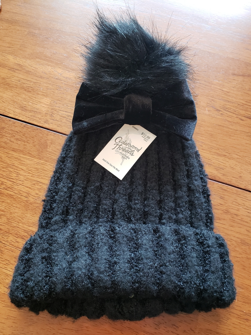 Black Pom Beanie with Velvet Bow NWT